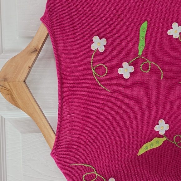 Talbots Pink Ramie Blend Cardigan Felt Sweet Peas Floral Embroidery Size Medium - Picture 8 of 13